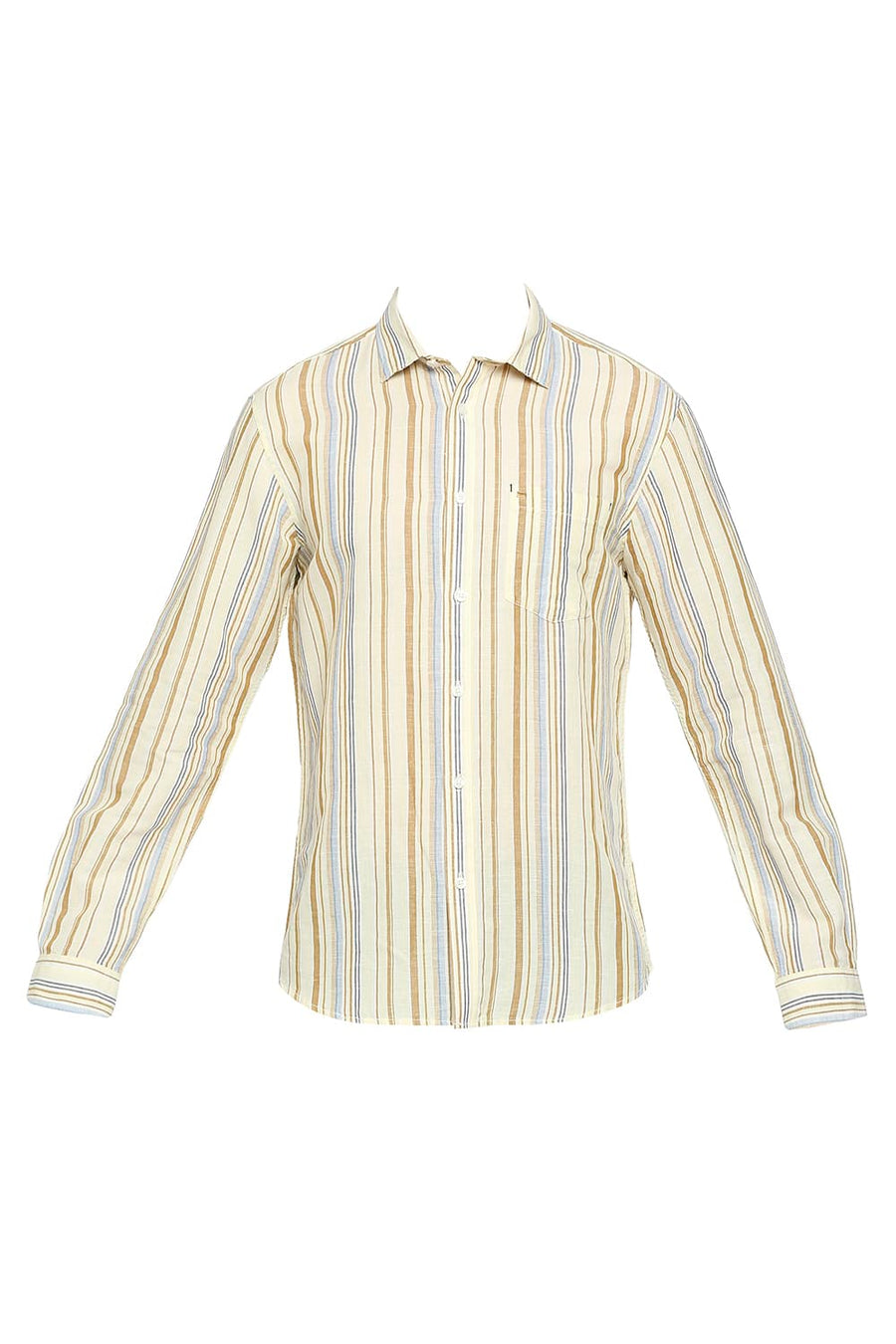 BASICS SLIM FIT BUTTER CUP YELLOW COTTON LINEN STRIPE SHIRT