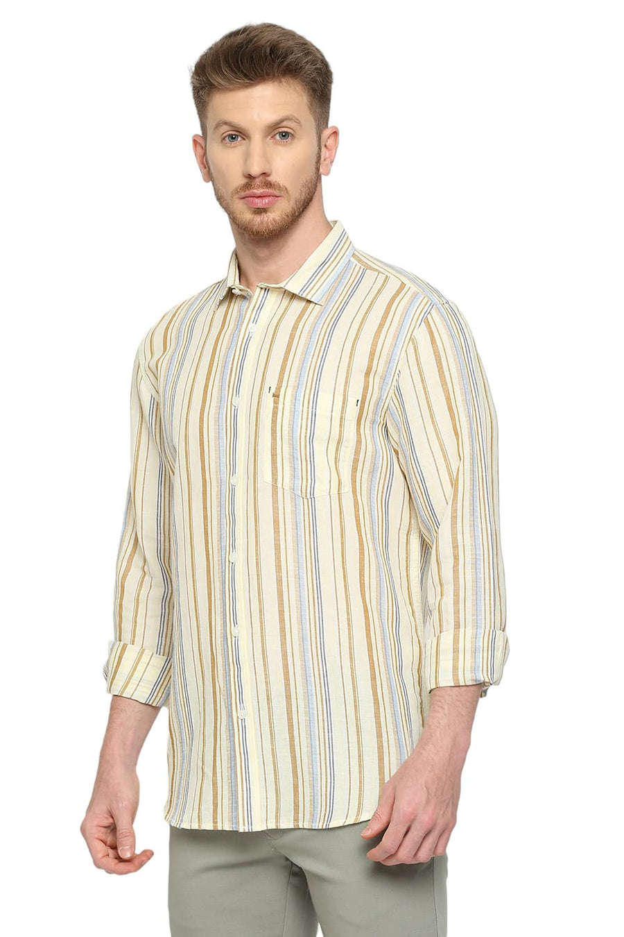 BASICS SLIM FIT BUTTER CUP YELLOW COTTON LINEN STRIPE SHIRT