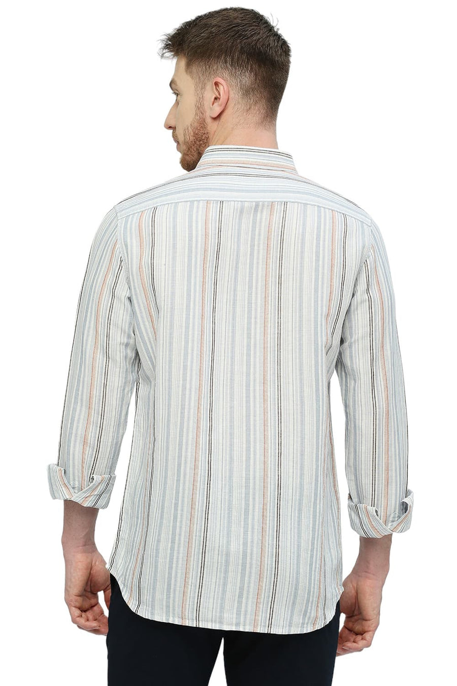 BASICS SLIM FIT PEARL GREY COTTON LINEN STRIPE SHIRT