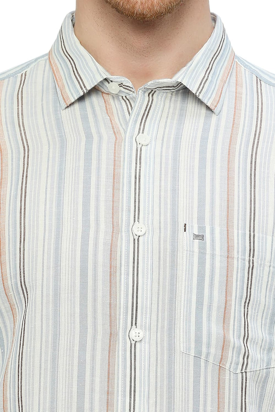 BASICS SLIM FIT PEARL GREY COTTON LINEN STRIPE SHIRT