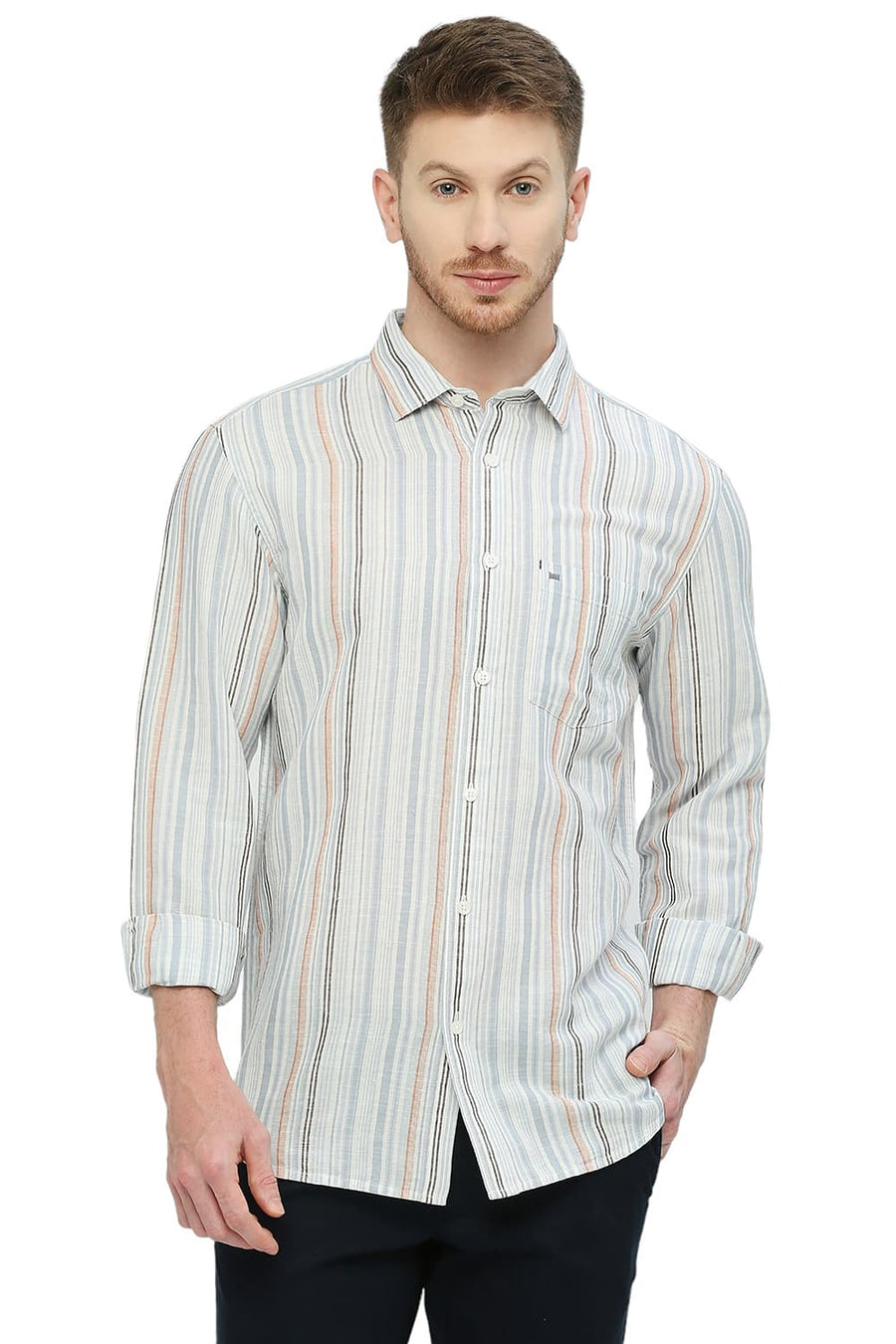 BASICS SLIM FIT PEARL GREY COTTON LINEN STRIPE SHIRT