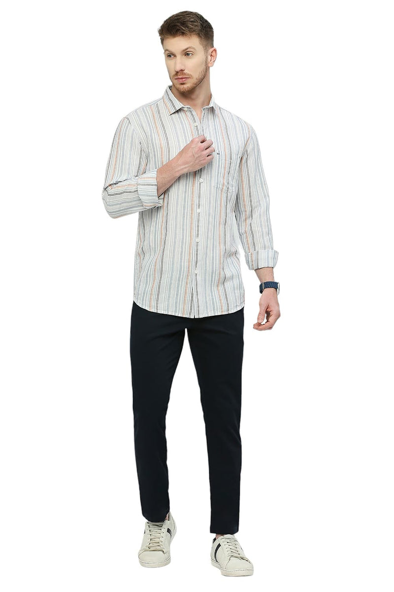 BASICS SLIM FIT COTTON LINEN STRIPE SHIRT