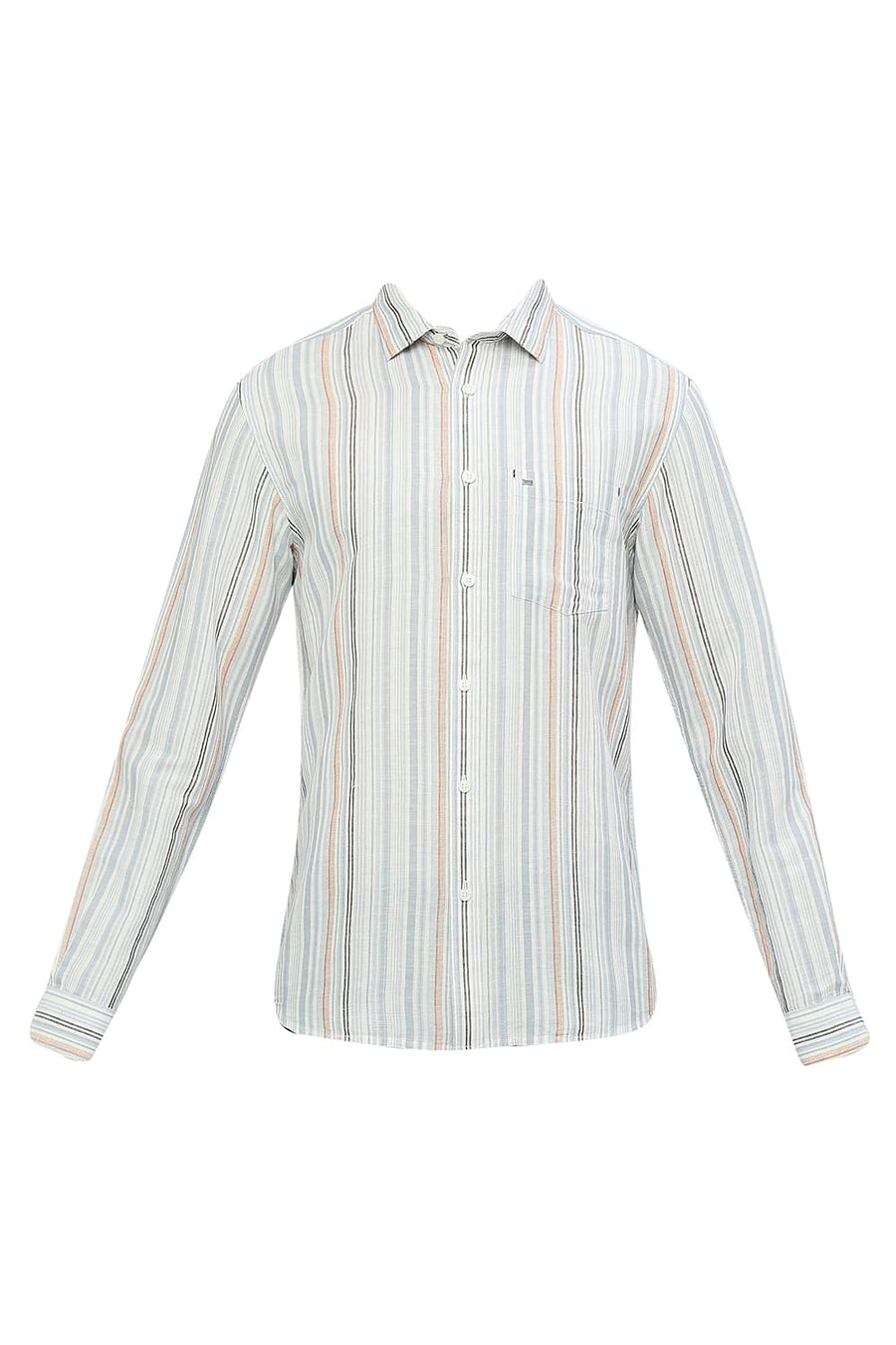 BASICS SLIM FIT PEARL GREY COTTON LINEN STRIPE SHIRT