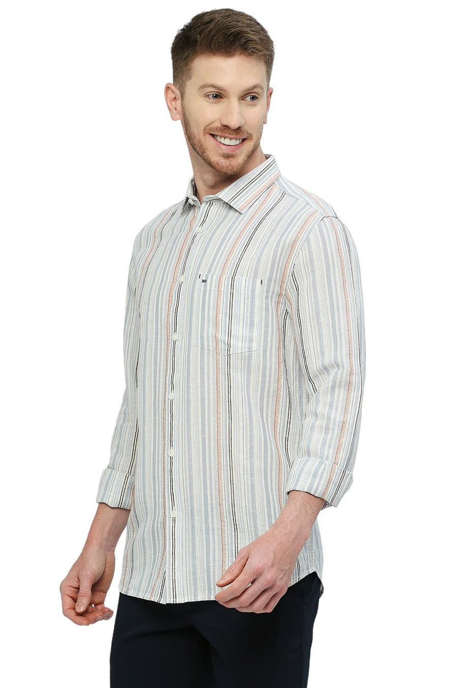 BASICS SLIM FIT PEARL GREY COTTON LINEN STRIPE SHIRT