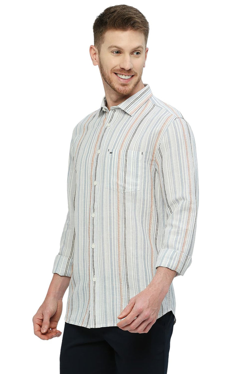 BASICS SLIM FIT COTTON LINEN STRIPE SHIRT