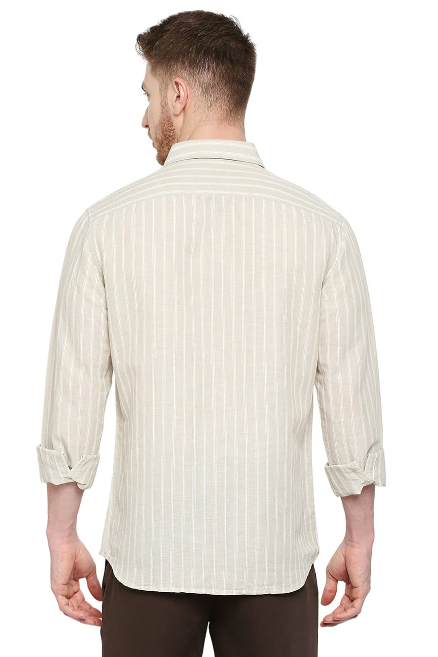 BASICS SLIM FIT PARCHMENT BEIGE COTTON LINEN STRIPE SHIRT
