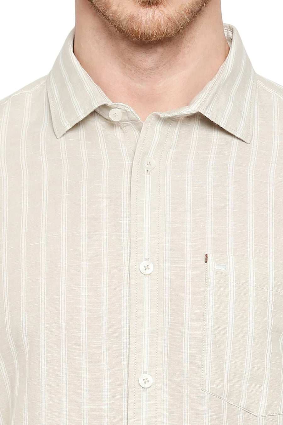 BASICS SLIM FIT PARCHMENT BEIGE COTTON LINEN STRIPE SHIRT