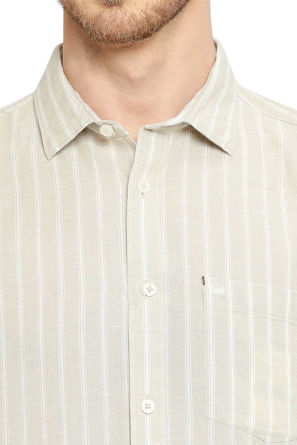 BASICS SLIM FIT COTTON LINEN STRIPE HALFSLEEVES SHIRT