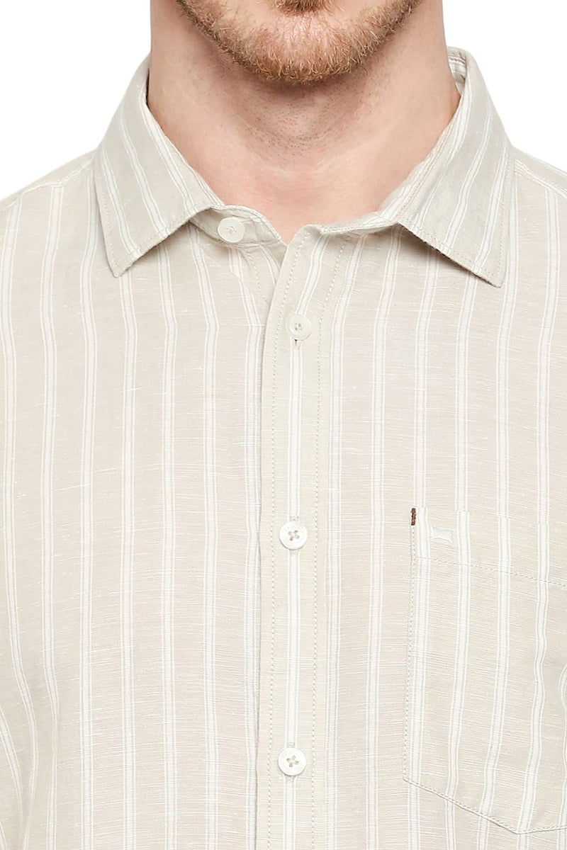 BASICS SLIM FIT COTTON LINEN STRIPE SHIRT