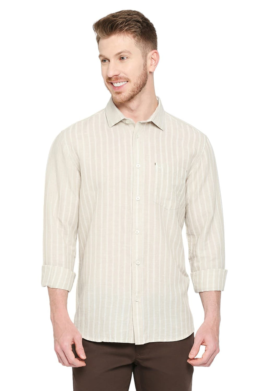 BASICS SLIM FIT PARCHMENT BEIGE COTTON LINEN STRIPE SHIRT