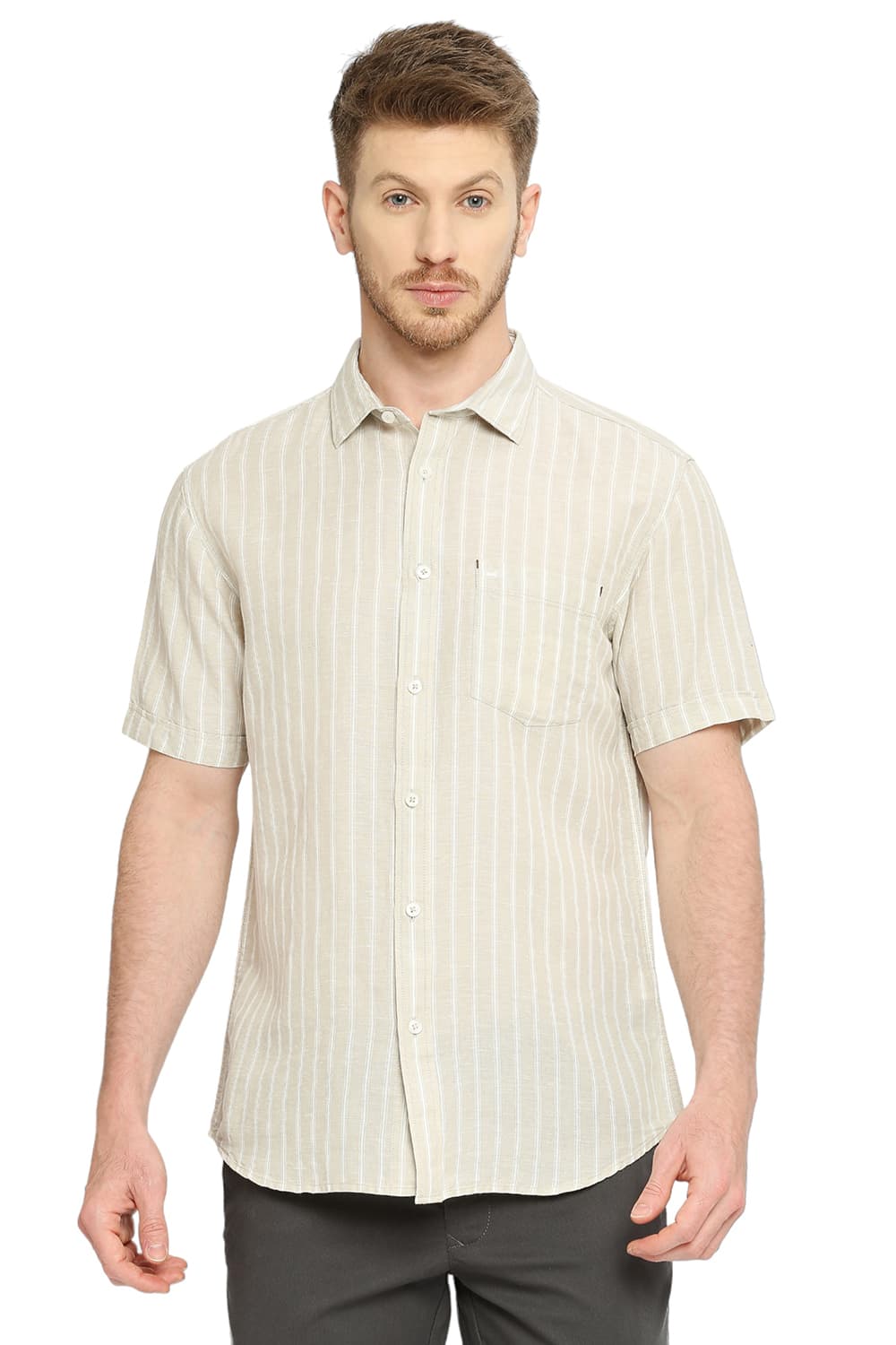 BASICS SLIM FIT COTTON LINEN STRIPE SHIRT