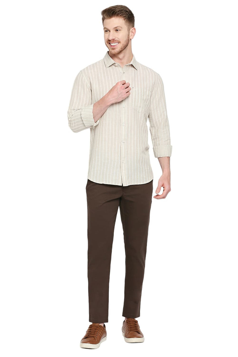 BASICS SLIM FIT PARCHMENT BEIGE COTTON LINEN STRIPE SHIRT