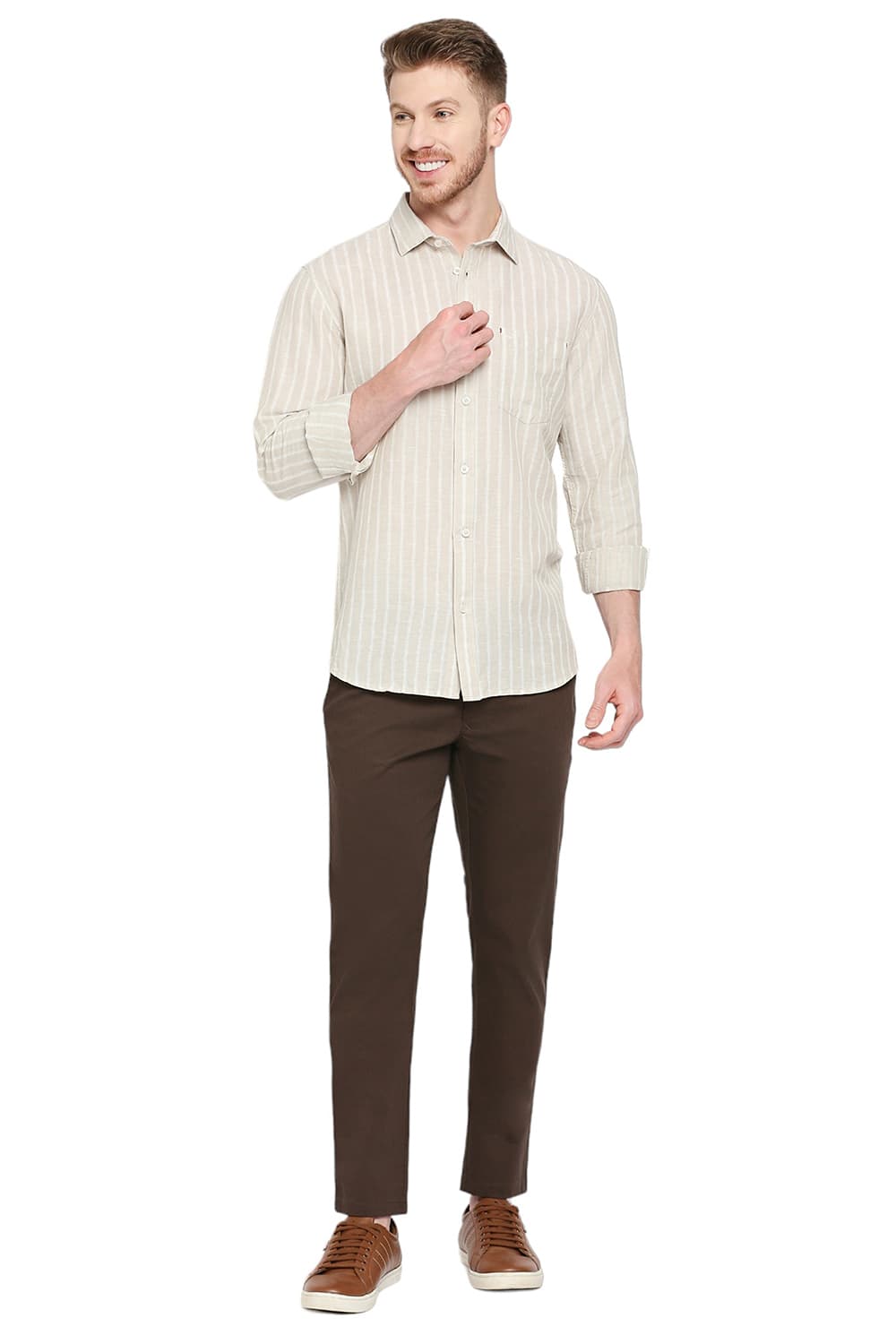 BASICS SLIM FIT COTTON LINEN STRIPE SHIRT