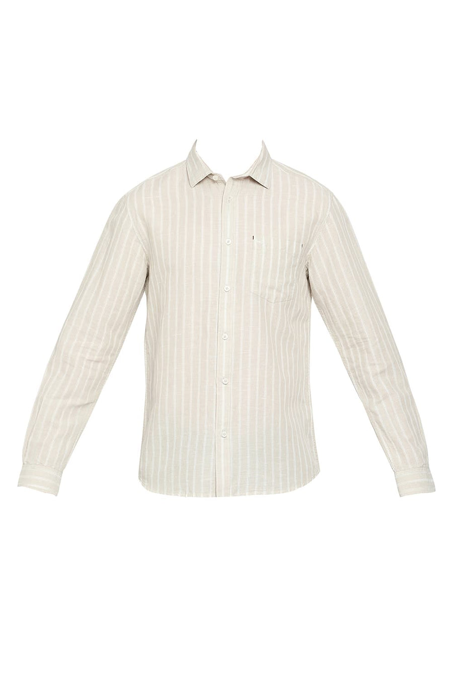 BASICS SLIM FIT PARCHMENT BEIGE COTTON LINEN STRIPE SHIRT