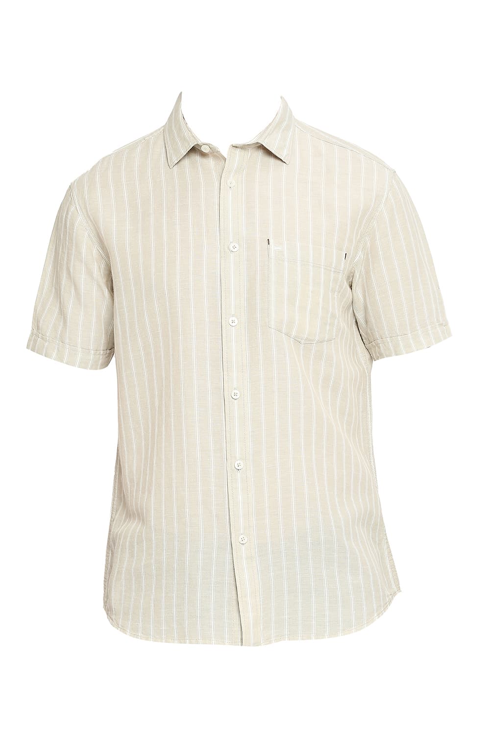 BASICS SLIM FIT COTTON LINEN STRIPE HALFSLEEVES SHIRT