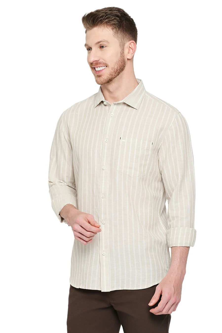 BASICS SLIM FIT PARCHMENT BEIGE COTTON LINEN STRIPE SHIRT