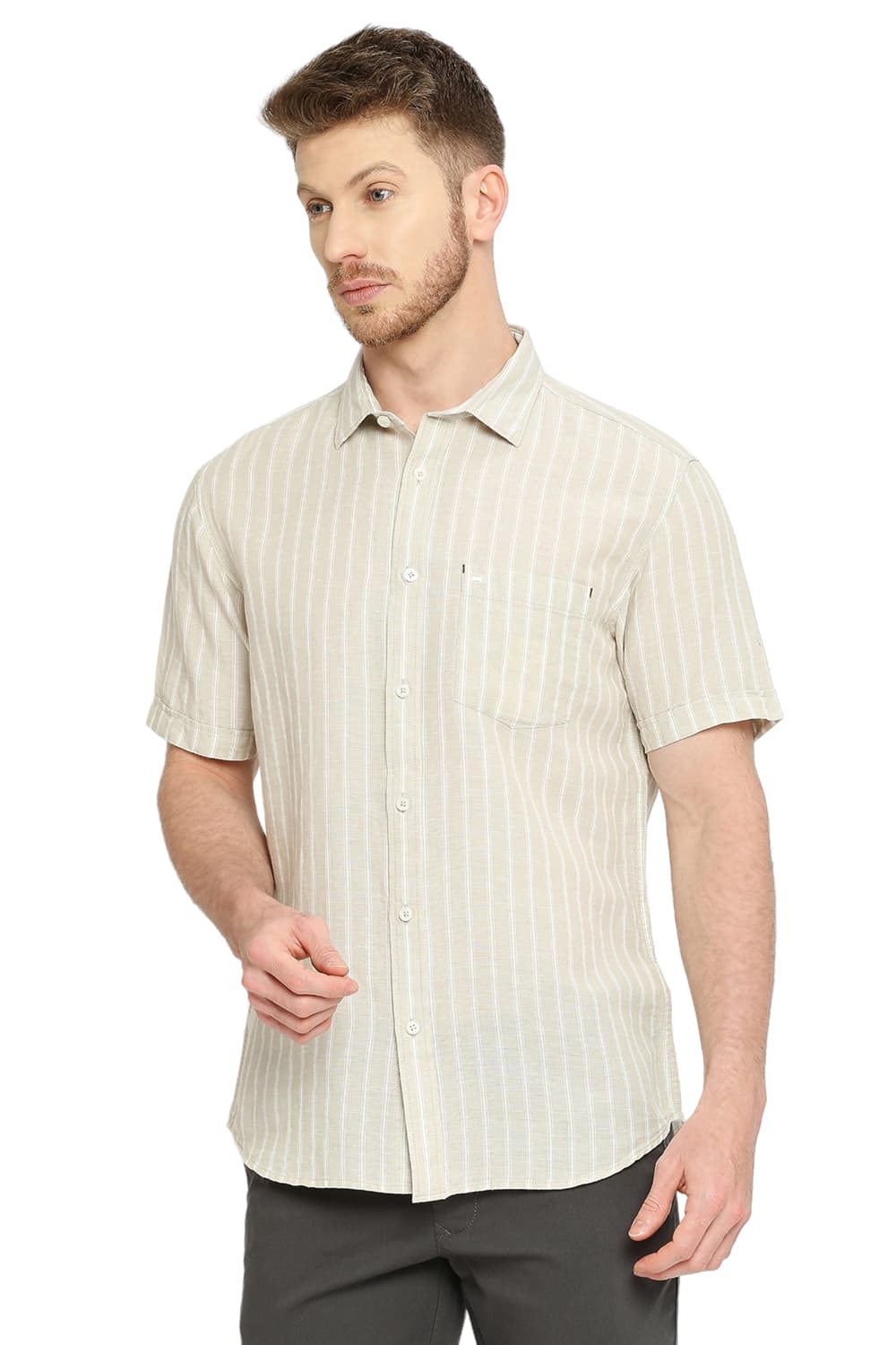 BASICS SLIM FIT COTTON LINEN STRIPE HALFSLEEVES SHIRT