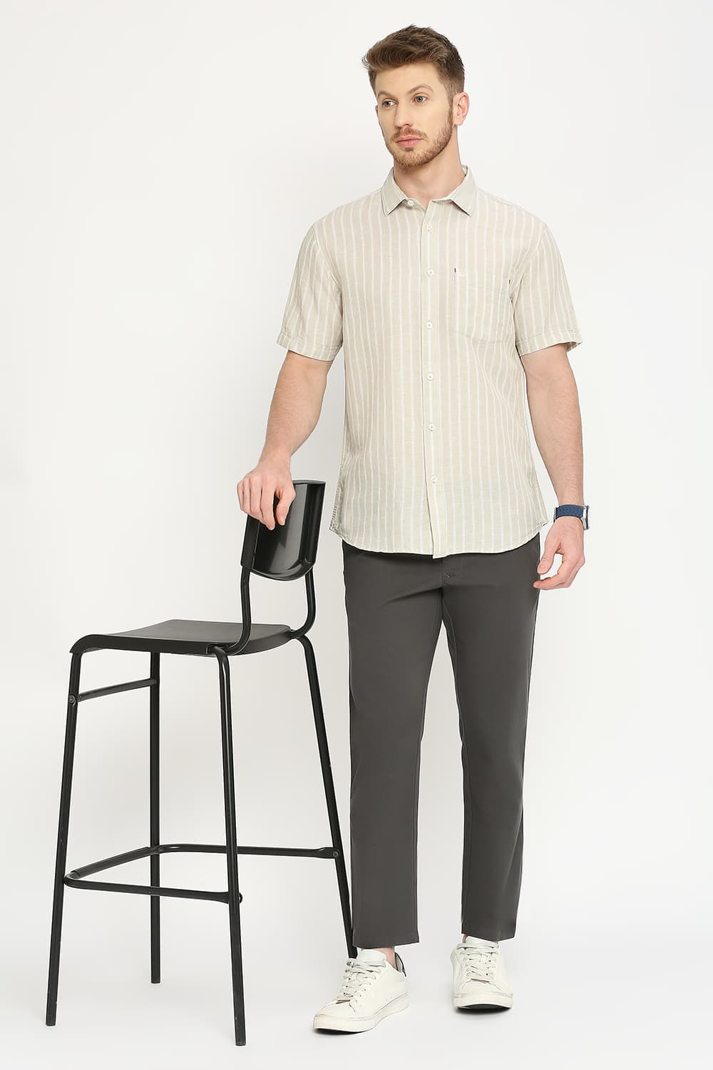 Slim Fit Cotton Linen Stripe Halfsleeves Shirt