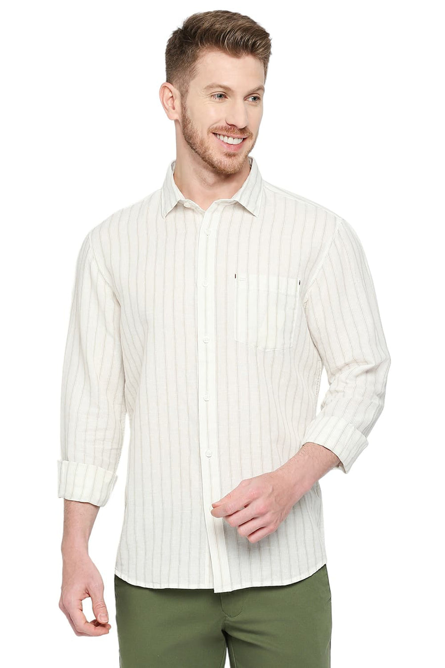 BASICS SLIM FIT STAR WHITE COTTON LINEN STRIPE SHIRT
