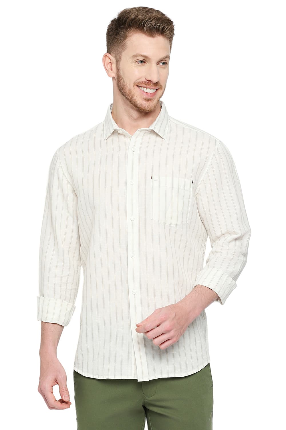 BASICS SLIM FIT COTTON LINEN STRIPE SHIRT