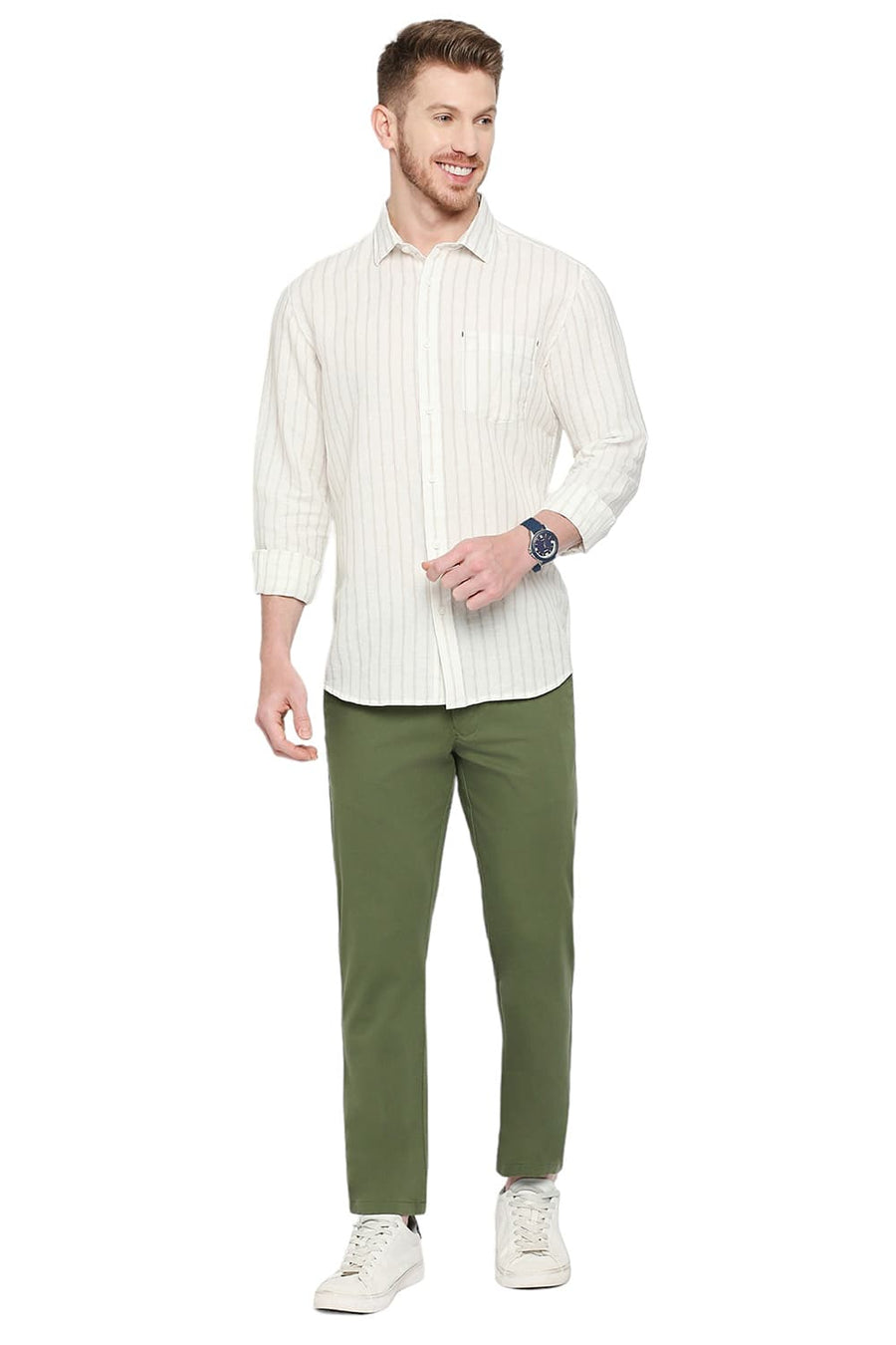 BASICS SLIM FIT STAR WHITE COTTON LINEN STRIPE SHIRT