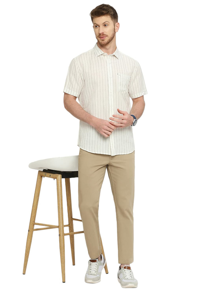 BASICS SLIM FIT COTTON LINEN STRIPE HALFSLEEVES SHIRT