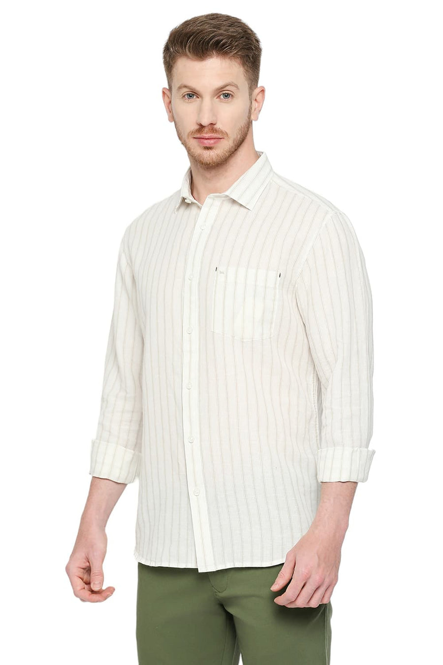 BASICS SLIM FIT STAR WHITE COTTON LINEN STRIPE SHIRT
