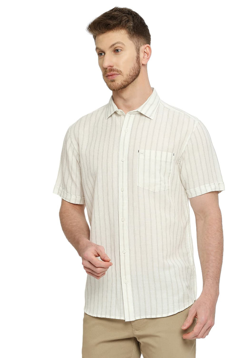 BASICS SLIM FIT COTTON LINEN STRIPE HALFSLEEVES SHIRT