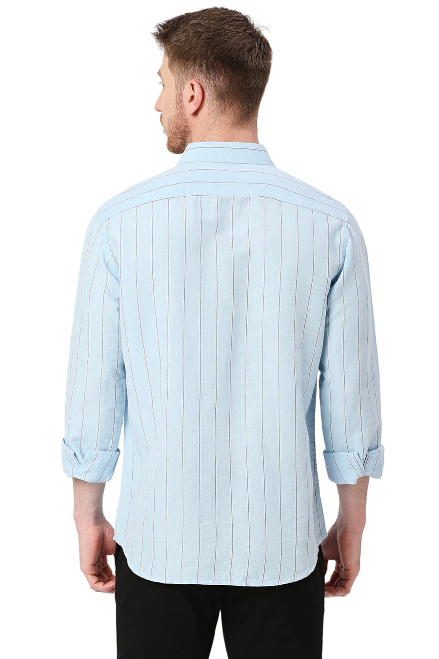 BASICS SLIM FIT POWDER BLUE COTTON LINEN STRIPE SHIRT