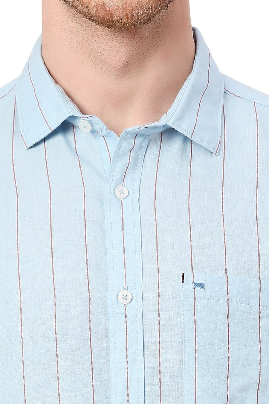 BASICS SLIM FIT POWDER BLUE COTTON LINEN STRIPE SHIRT