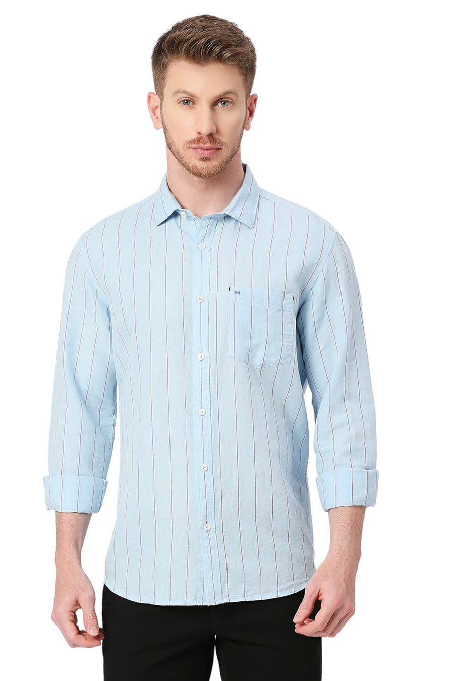 BASICS SLIM FIT POWDER BLUE COTTON LINEN STRIPE SHIRT