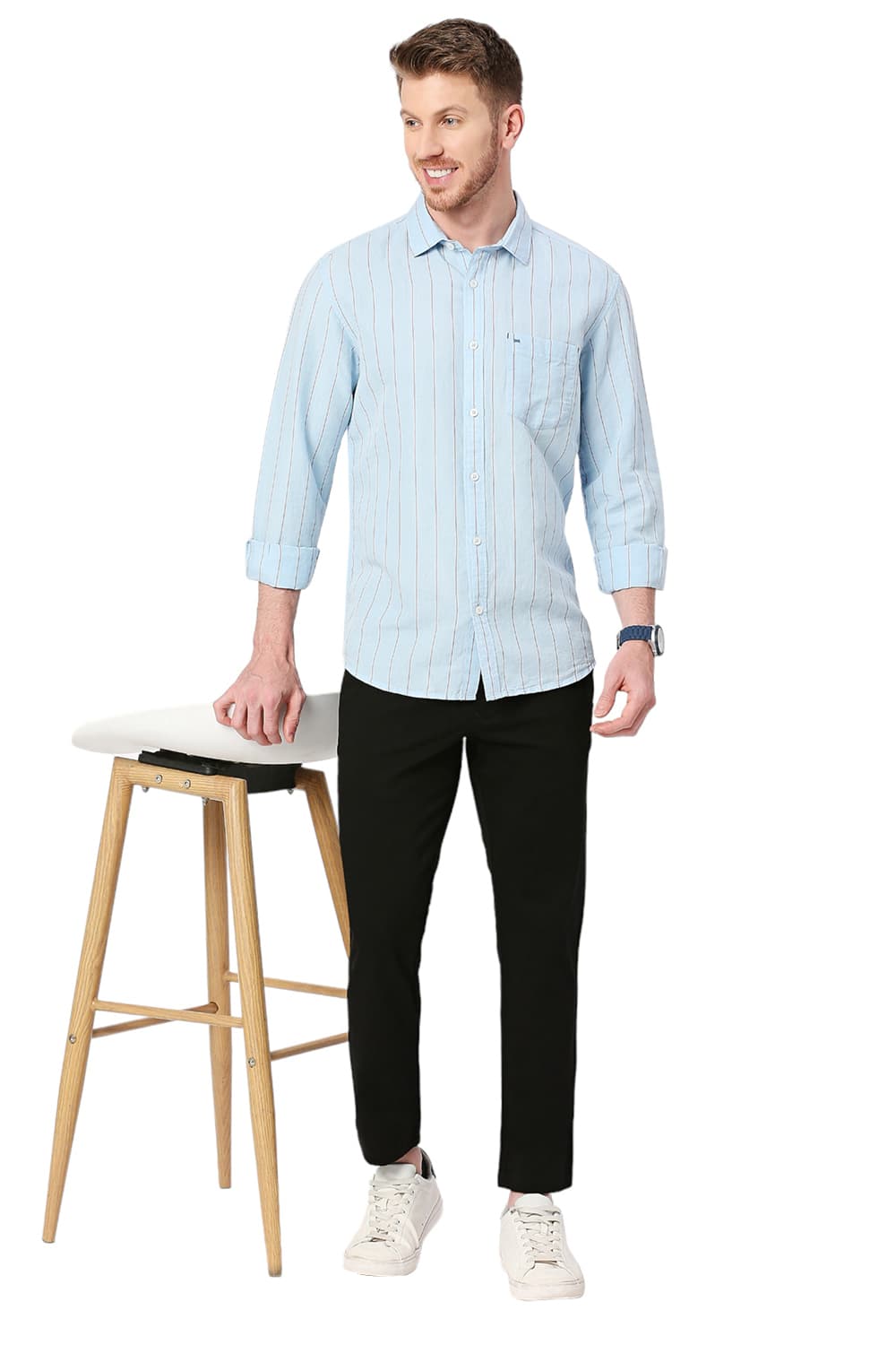 BASICS SLIM FIT COTTON LINEN STRIPE SHIRT