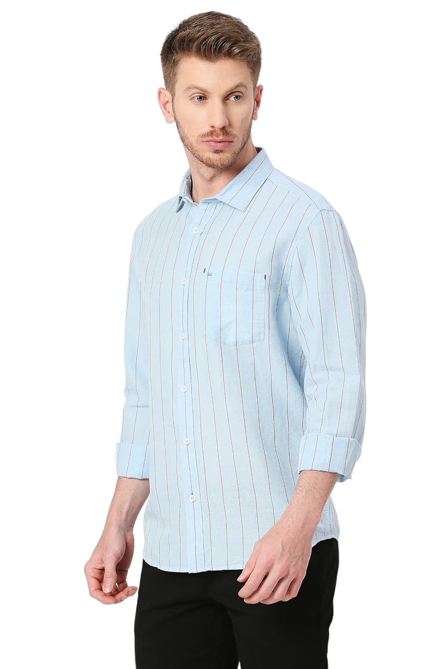 BASICS SLIM FIT POWDER BLUE COTTON LINEN STRIPE SHIRT