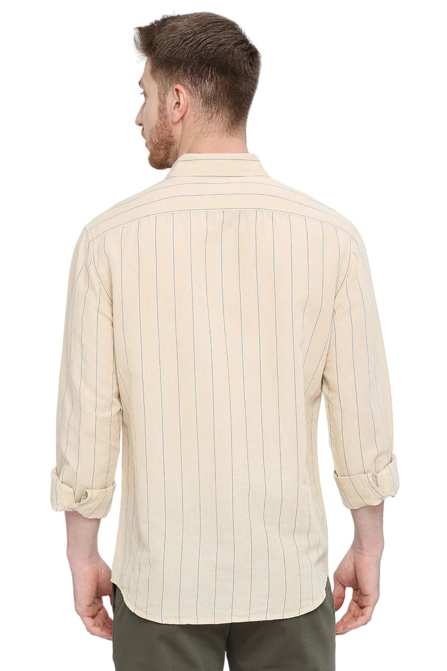 BASICS SLIM FIT WARM SAND BEIGE COTTON LINEN STRIPE SHIRT