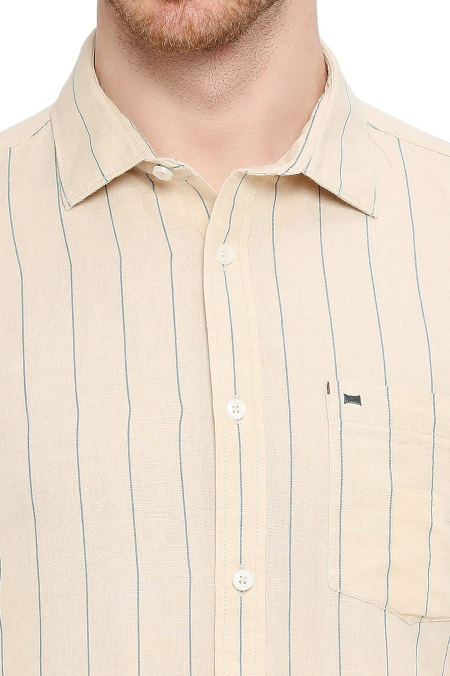 BASICS SLIM FIT WARM SAND BEIGE COTTON LINEN STRIPE SHIRT