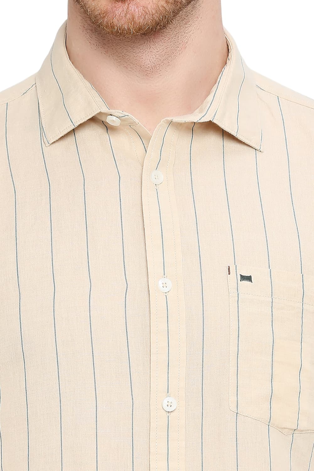 BASICS SLIM FIT COTTON LINEN STRIPE SHIRT