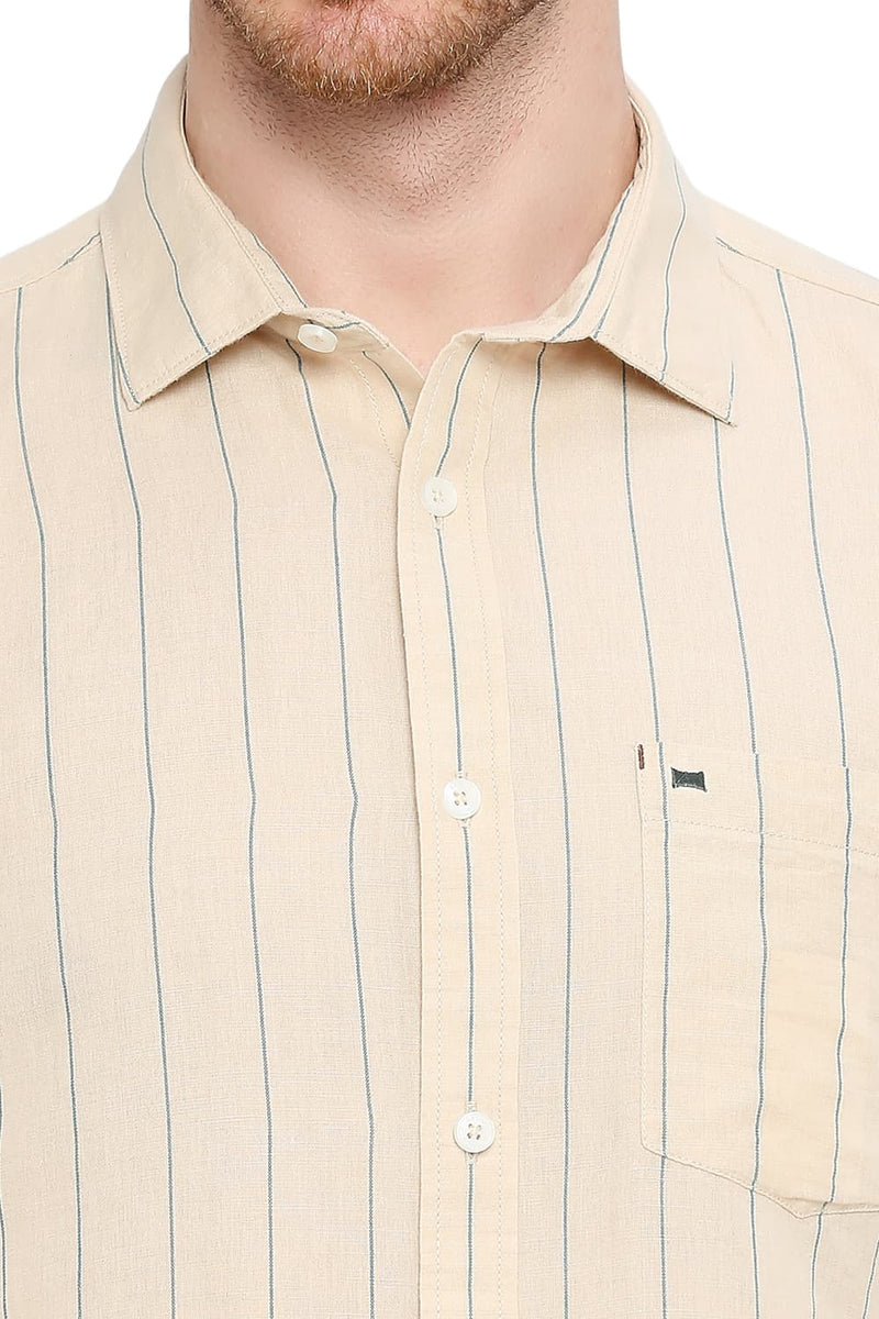 BASICS SLIM FIT COTTON LINEN STRIPE SHIRT