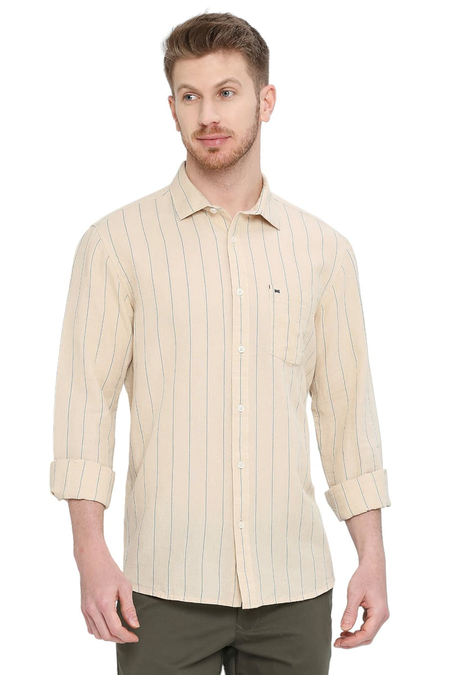 BASICS SLIM FIT WARM SAND BEIGE COTTON LINEN STRIPE SHIRT