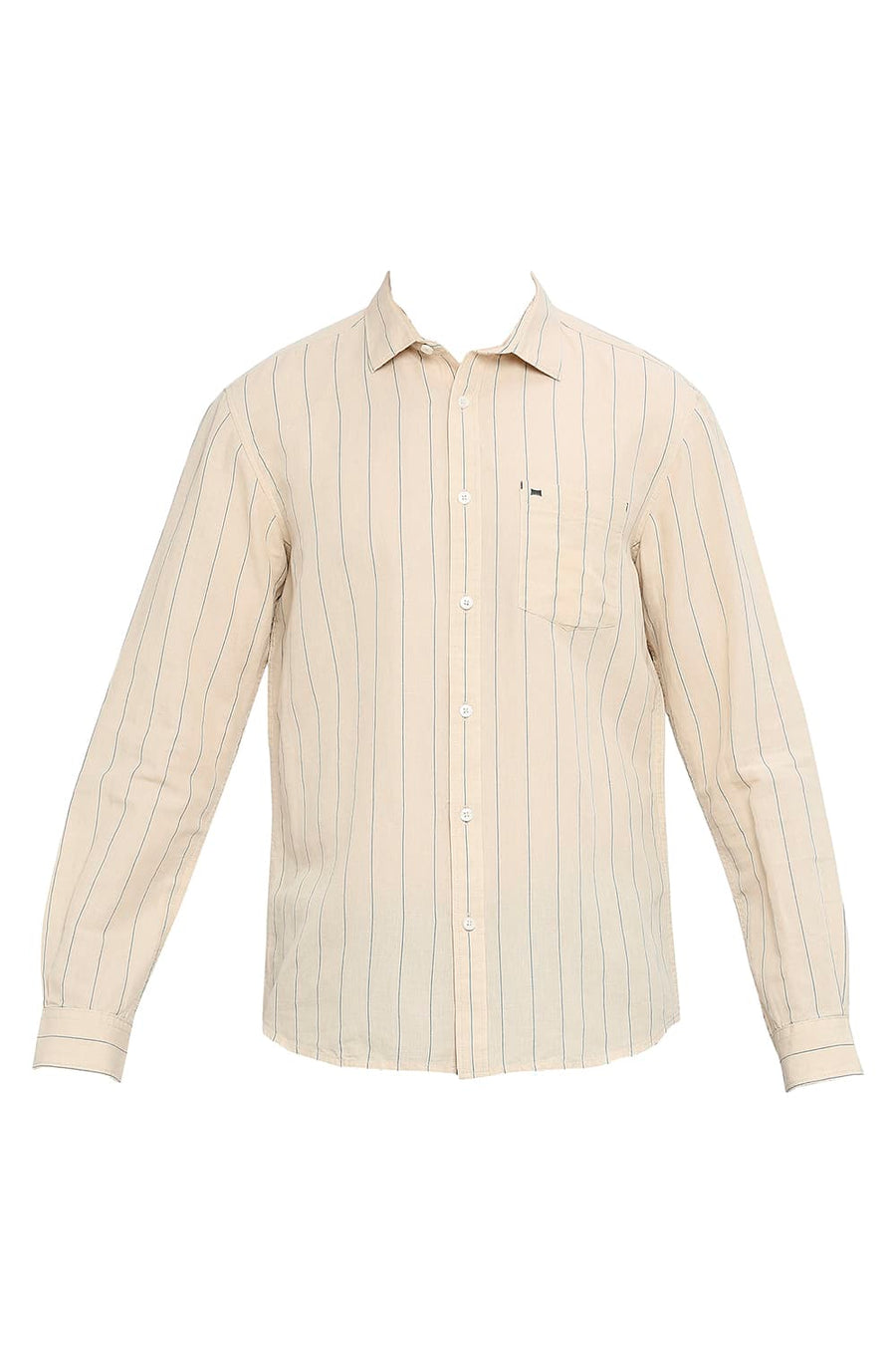 BASICS SLIM FIT WARM SAND BEIGE COTTON LINEN STRIPE SHIRT