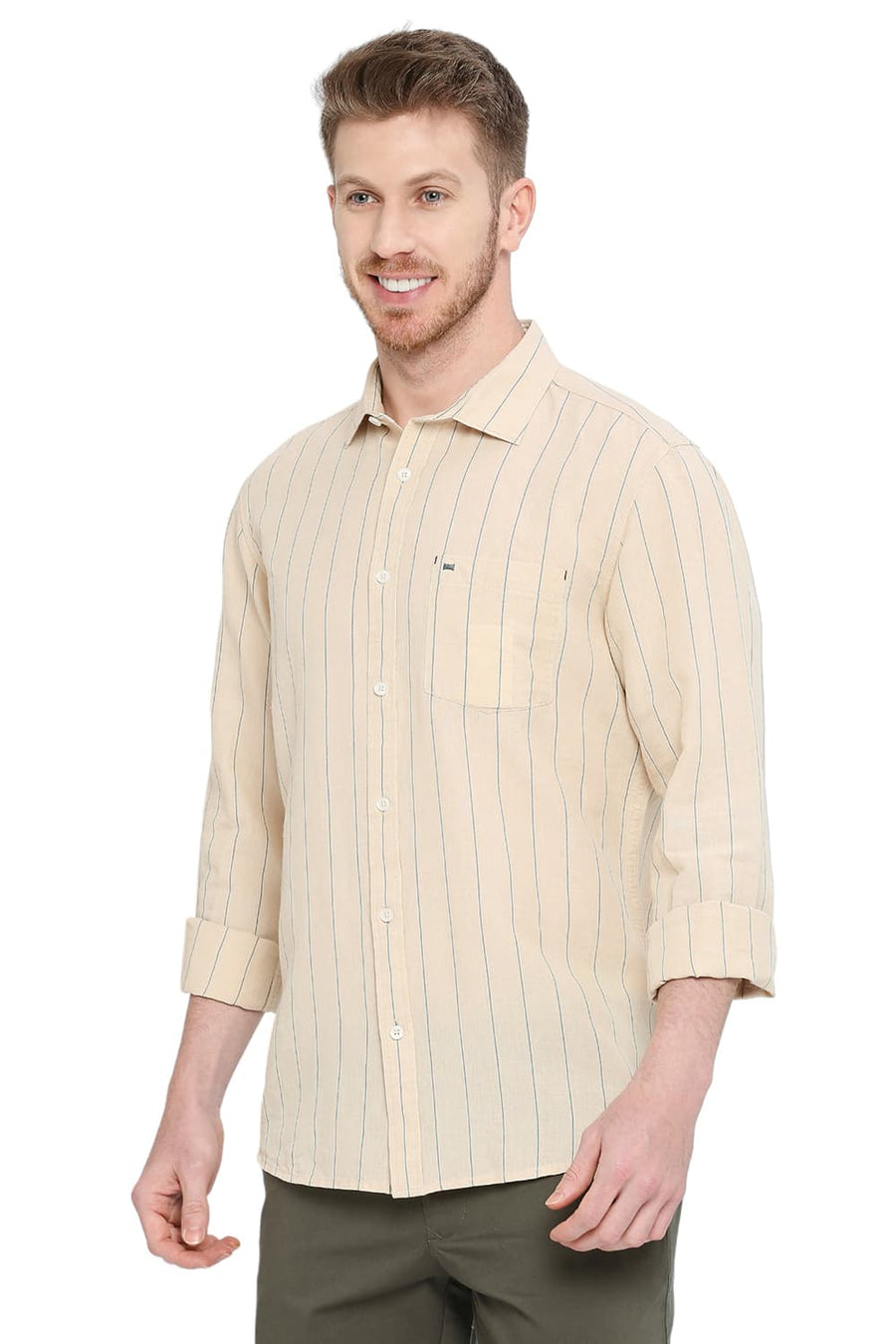 BASICS SLIM FIT WARM SAND BEIGE COTTON LINEN STRIPE SHIRT