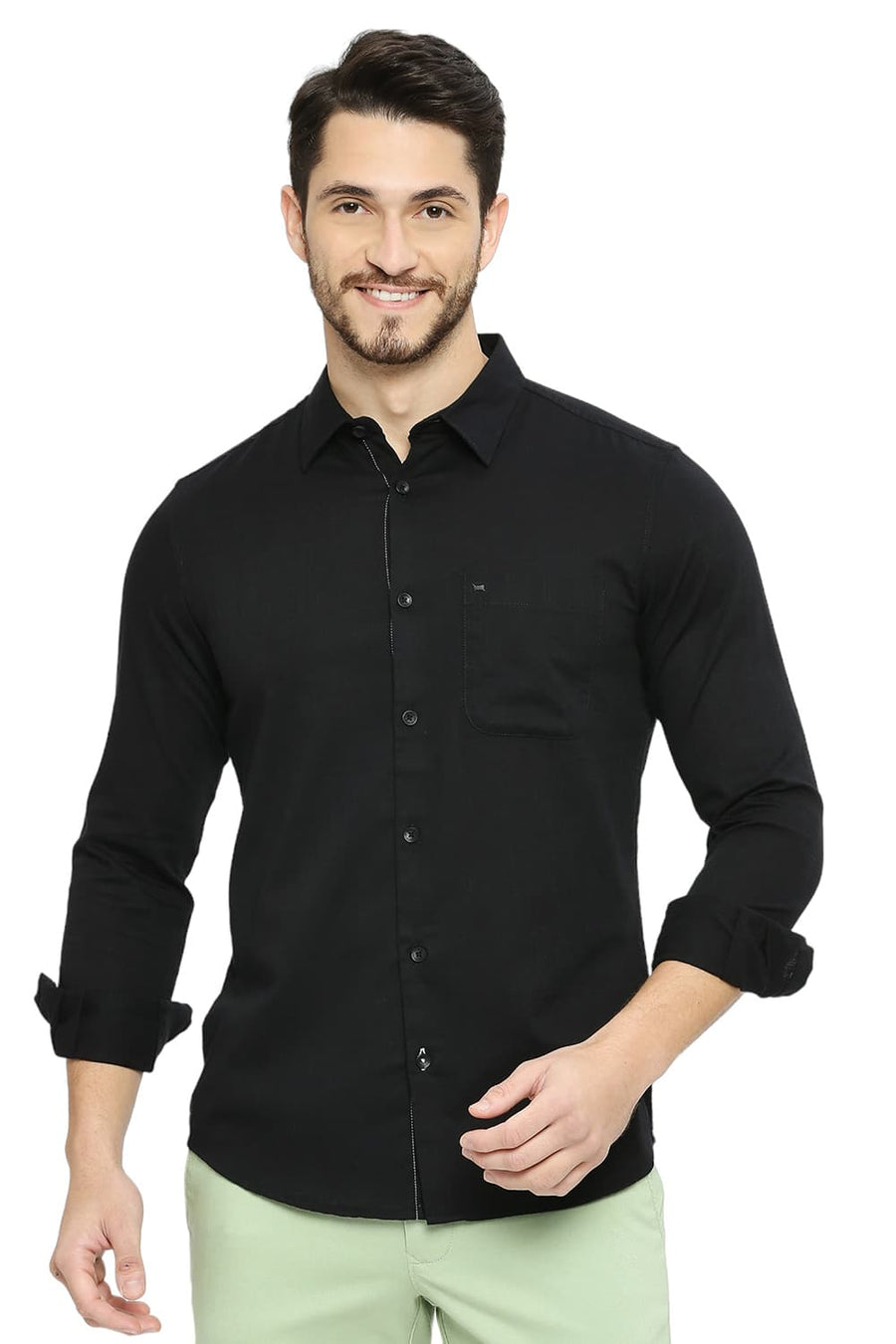 BASICS SLIM FIT SPACE BLACK COTTON SLUB TWILL SHIRT