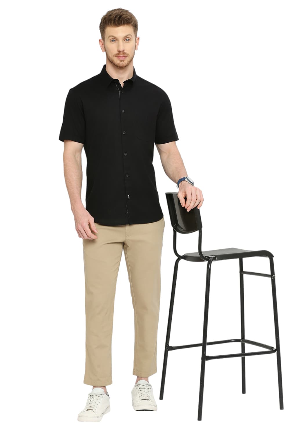 BASICS SLIM FIT COTTON SLUB TWILL HALFSLEEVES SHIRT