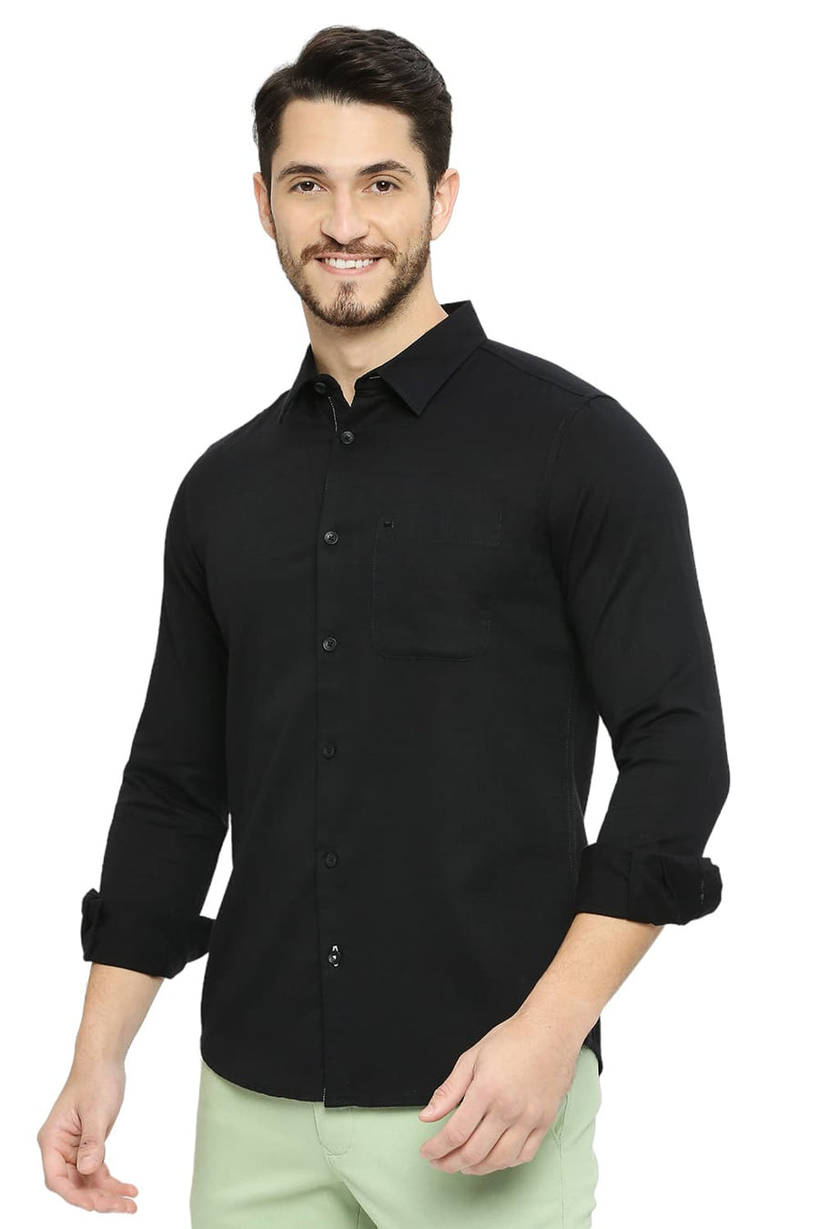 BASICS SLIM FIT SPACE BLACK COTTON SLUB TWILL SHIRT