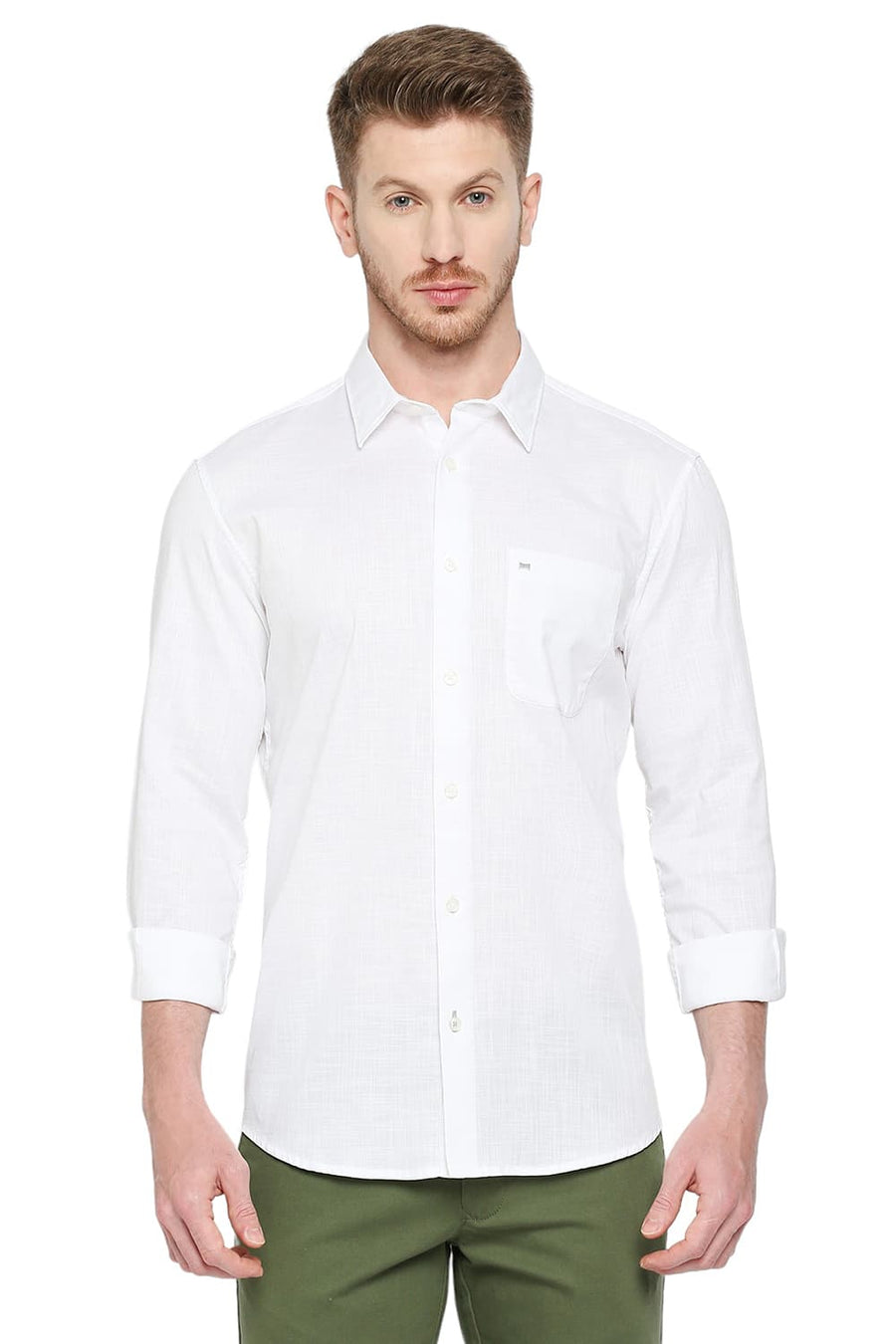 BASICS SLIM FIT BRILLIANT WHITE COTTON SLUB TWILL SHIRT