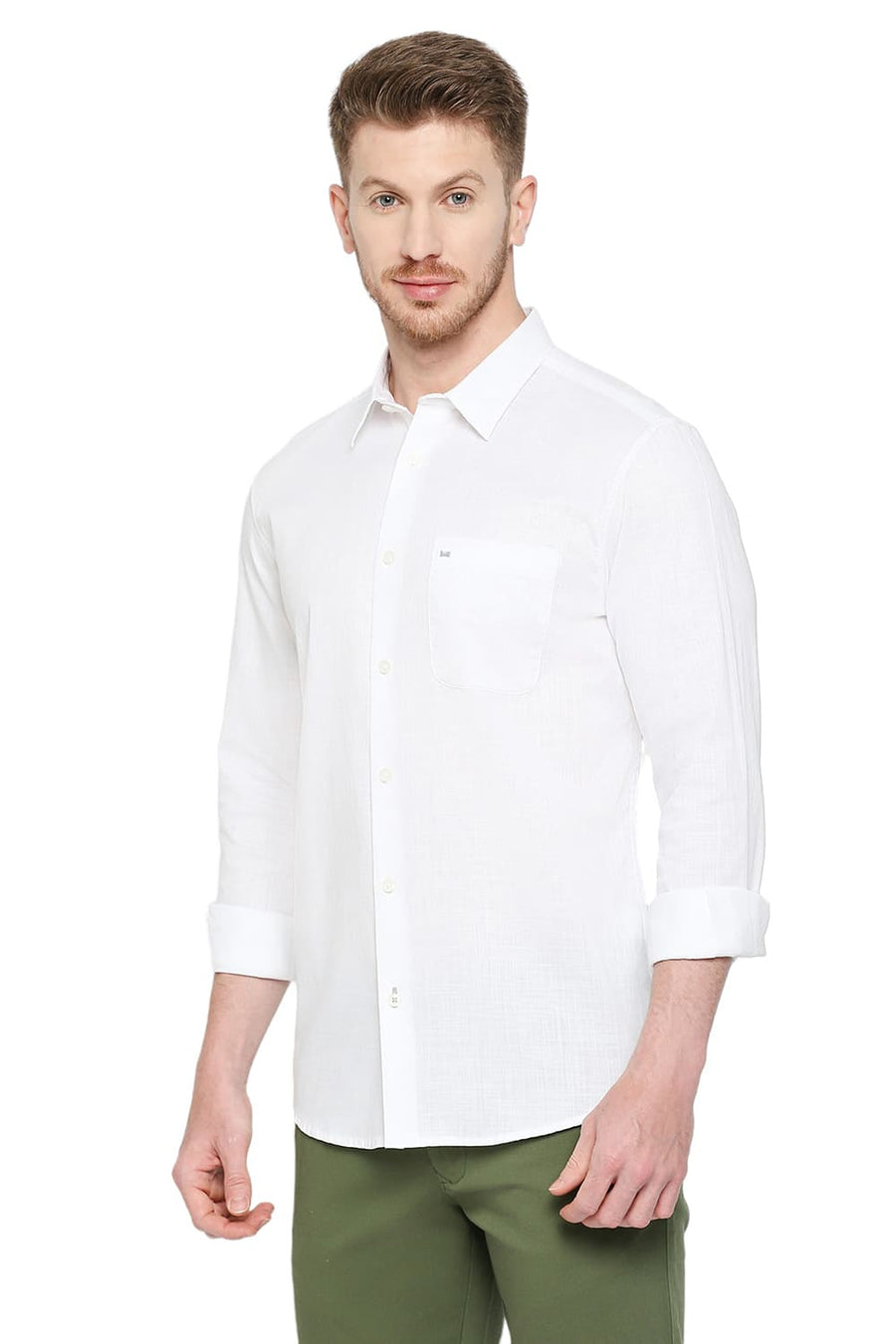 BASICS SLIM FIT BRILLIANT WHITE COTTON SLUB TWILL SHIRT