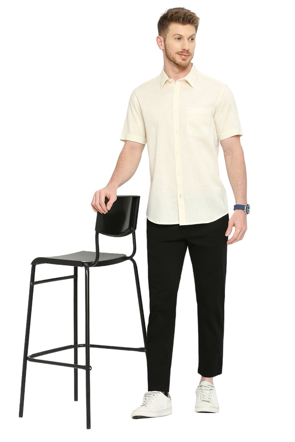 BASICS SLIM FIT COTTON SLUB TWILL HALFSLEEVES SHIRT