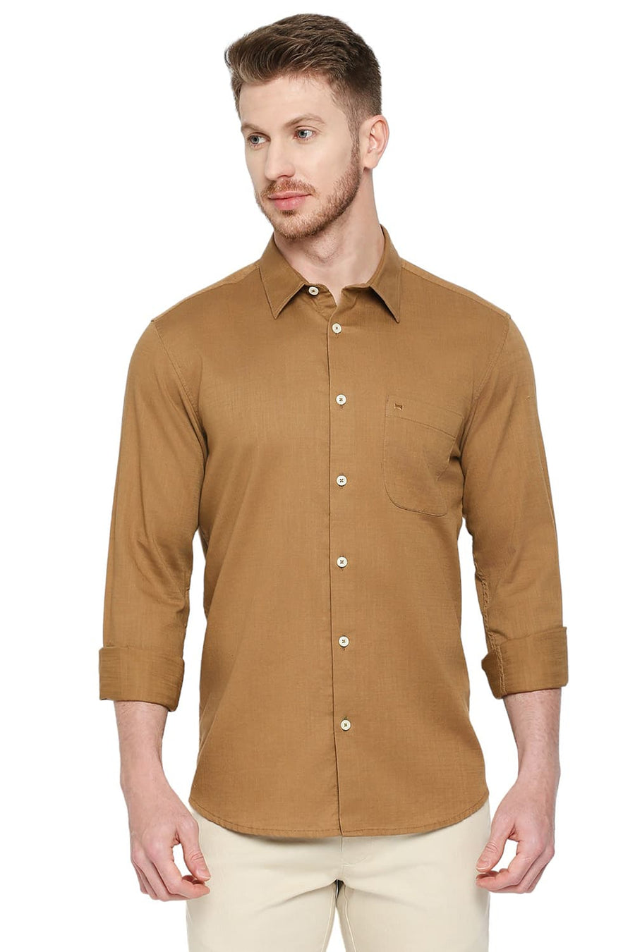 BASICS SLIM FIT LION KHAKI COTTON SLUB TWILL SHIRT