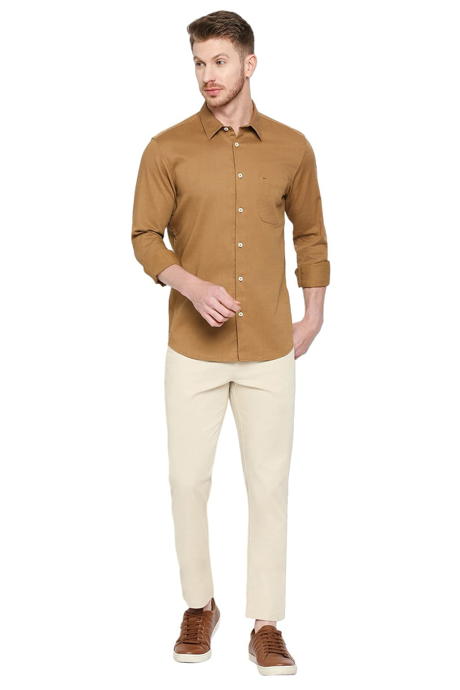 BASICS SLIM FIT LION KHAKI COTTON SLUB TWILL SHIRT
