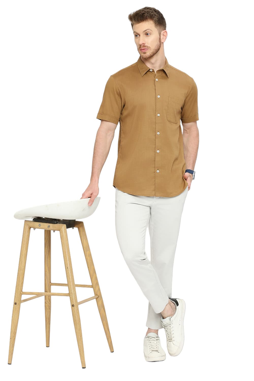 BASICS SLIM FIT COTTON SLUB TWILL HALFSLEEVES SHIRT