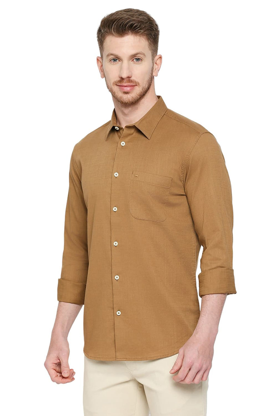 BASICS SLIM FIT LION KHAKI COTTON SLUB TWILL SHIRT